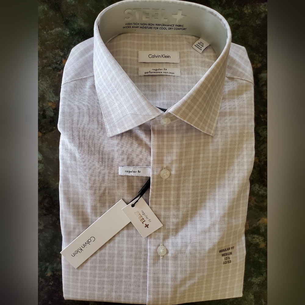 Calvin Klein Cream Dress Shirt Elegant Grid Pattern